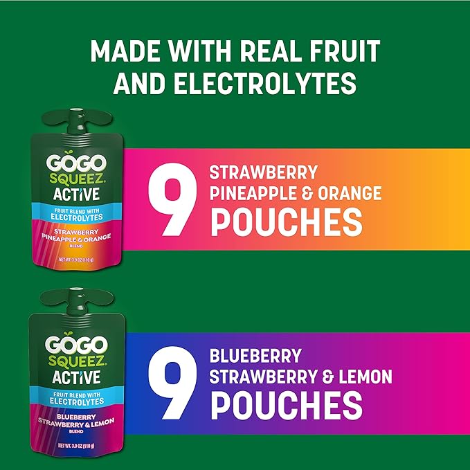 GoGo squeeZ Active Fruit Blend with Electrolytes | 18-Count Variety Pack | Blueberry Strawberry Lemon & Strawberry Pineapple Orange | Made with Real Fruit and Antioxidants Vitamin A, E, & C