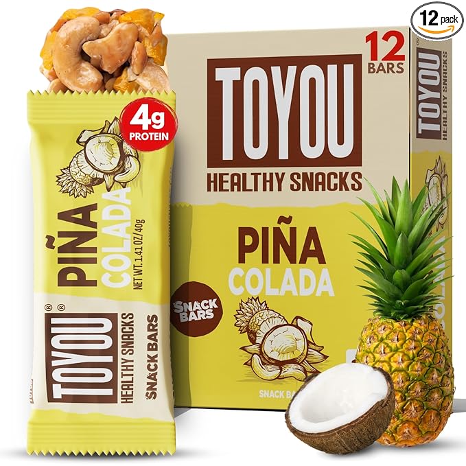 ToYou Gluten Free Chewy Fruit and Nut Bars - Healthy Protein Snacks | Piña Colada - 1.41 Ounce (Pack of 12) | Soft Chewy, Vegan, Fiber-Packed Granola Bars for Adults and Kids, Made with Natural Ingredients