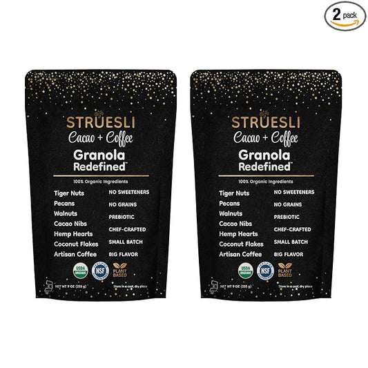 Struesli Cacao + Coffee Organic Granola, Grain & Gluten Free, Healthy Snacks with Cacao, Coffee, Tiger Nuts, Pecans, Walnuts, Hemp Hearts & Coconut Flakes, Plant Based, Keto & Paleo, 9 Oz, 2 Pack