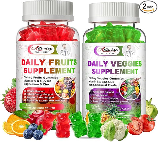 Sugar-Free Fruits & Veggies Gummies, Super Greens with 23 Fruits & 25 Veggies, Multivitamin Minerals & Fiber, Vegan Fruit & Vegetable Supplement for Adults, 120 Gummies, 2 Month Supply