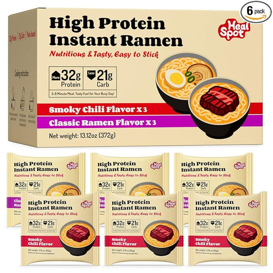 Healspot High Protein Instant Ramen Variety Pack, 6 Pack Non Fried Ramen Broth, 32g Plant Based Protein, Low Fat, Low Carb, Non GMO, Keto Friendly & Plant Based (Smoky-Beef,Classic-Pork)