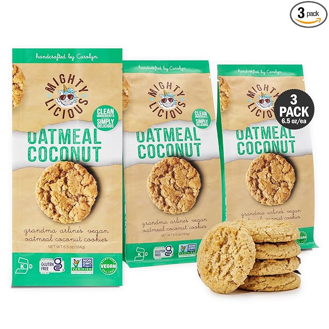 MIGHTYLICIOUS Vegan Oatmeal Coconut Cookies – Gluten-Free, Dairy-Free, Allergen Friendly, Egg-Free, Non-GMO, Kosher, Preservative-Free – Snack Option for a Guilt-Free Treat - 6.5 Oz (3 Pack)