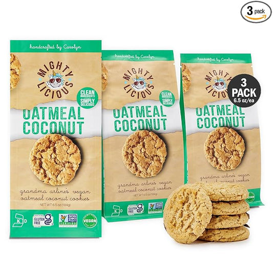 MIGHTYLICIOUS Vegan Oatmeal Coconut Cookies – Gluten-Free, Dairy-Free, Allergen Friendly, Egg-Free, Non-GMO, Kosher, Preservative-Free – Snack Option for a Guilt-Free Treat - 6.5 Oz (3 Pack)