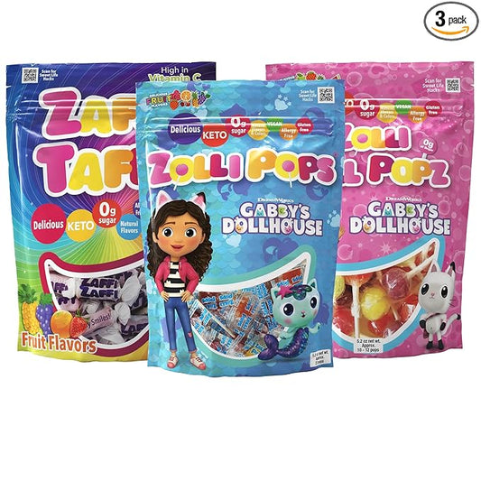 Zollipops Gabby's Dollhouse Variety Pack- Zollipops, Ball Popz, and Zaffi Taffy - Dye-Free - Keto & Diabetic-Friendly, Dentist-Approved Treats for Kids (Natural Fruit Flavors, 5.2 oz, Pack of 3)