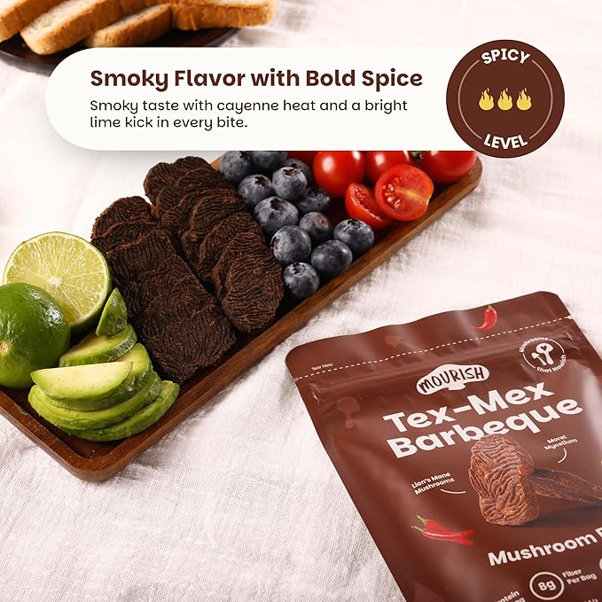 Mourish Vegan Mushroom Bites, Tex-Mex BBQ, 1 Pack (2 oz), Good Source of Protein and Fiber, Plant Based Meat Jerky, Medium to High Heat, Meatless Healthy Snacks for Hiking, Work, Travel & School