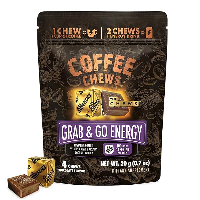 YouChews Coffee Chews - Grab & Go Energy with 100mg per Chew of Clean, Green Caffeine. With Real Organic Ingredients, Low Sugar, Great Bold Taste & Long Lasting Energy Boost (4 Counts)