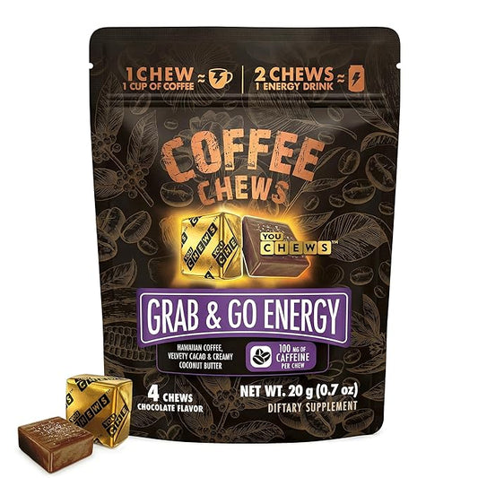 YouChews Coffee Chews - Grab & Go Energy with 100mg per Chew of Clean, Green Caffeine. With Real Organic Ingredients, Low Sugar, Great Bold Taste & Long Lasting Energy Boost (4 Counts)