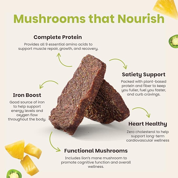 Mourish Vegan Mushroom Bites, Pineapple Jalapeno, 3 Pack (2 oz), Good Source of Protein and Fiber, Plant Based Meat Jerky, Spicy Flavor, Meatless Healthy Snacks for Hiking, Work, Travel & School