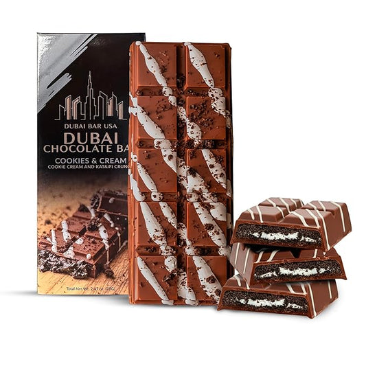 Dubai Chocolate Bar Cookies & Cream – 2.47oz Premium Chocolate with Cookies & Cream Filling and Crispy Kataifi – Dubai Knafeh Dessert Inspired – Made in USA (1 Pack)
