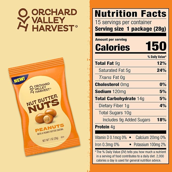 Orchard Valley Harvest Nut Butter Nuts Classic, Peanut Butter Coated Peanuts, 1oz Bags (Pack of 15), Made with Real Peanut Butter, Perfect On-The-Go & Portion Control Snack