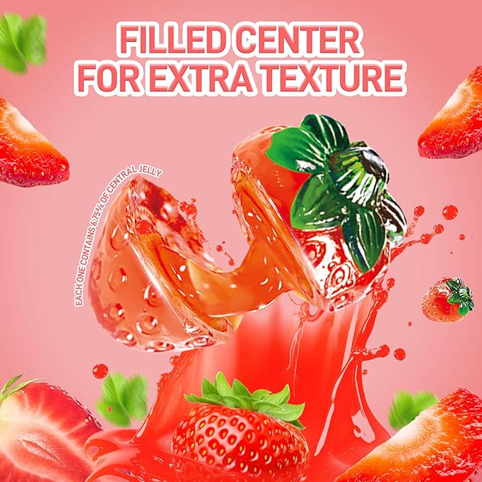 AMOS 4D Gummy Candy Strawberry Burst Candy– Fruity, Jelly-Filled, Natural Flavor – 240g Box (Pack of 10)