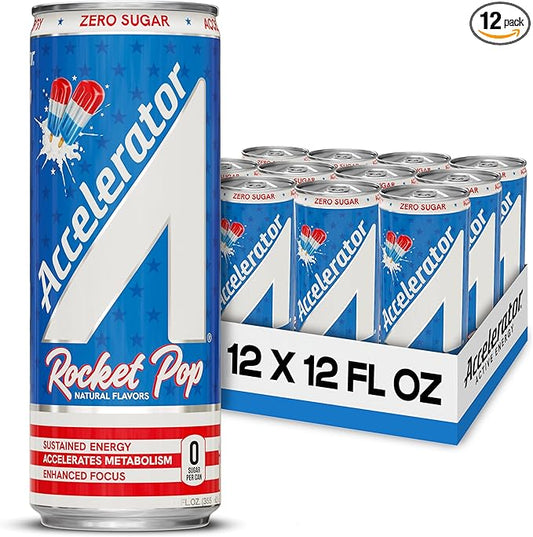Accelerator Energy Drink, Rocket Pop 12oz can (12 pack), Zero Sugar, Sustained Energy from 100% Natural Caffeine (200mg from Green Coffee Bean & Green Tea extract)