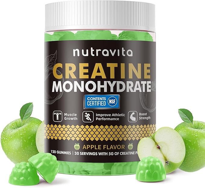 Nutravita NSF Certified Creatine Gummy - Creatine Monohydrate Gummies for Men & Women-5g of Creatine Monohydrate per Serving - Sugar Free,Vegan, Apple Flavor, 120 Count