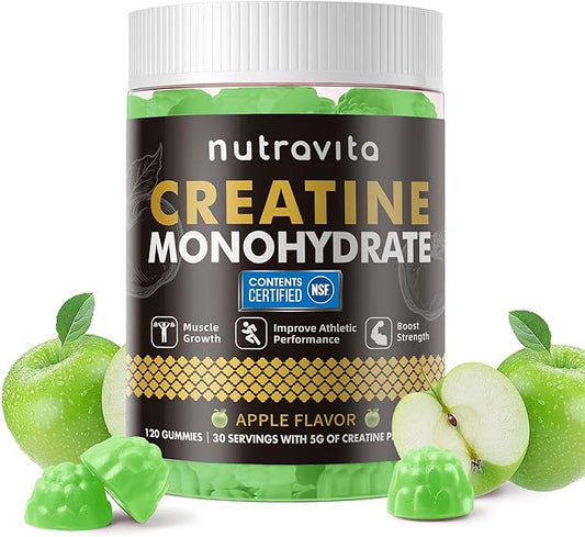 Nutravita NSF Certified Creatine Gummy - Creatine Monohydrate Gummies for Men & Women-5g of Creatine Monohydrate per Serving - Sugar Free,Vegan, Apple Flavor, 120 Count