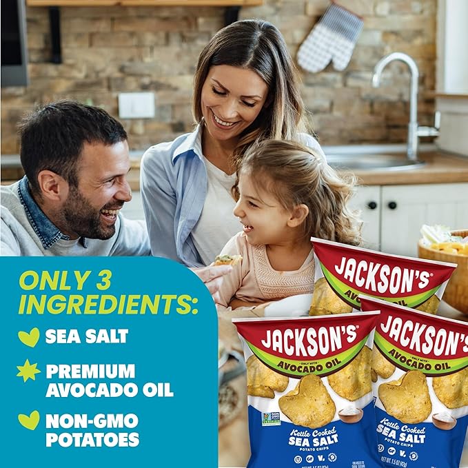Jackson’s Potato Classic Kettle Chips with Sea Salt (1.5oz, Pack of 10) - Made with Premium Avocado Oil - Allergen-friendly, Gluten Free, Peanut Free, Vegan, Kosher - Shark Tank Product