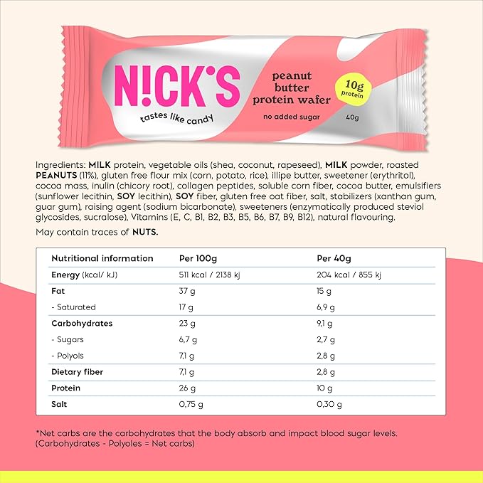 NICKS Protein Wafer Bars Peanut Butter | 25% Protein | 204 Calories | Low carb Biscuits Snack Bar No Added Sugar Gluten free (Multipack 24x40g