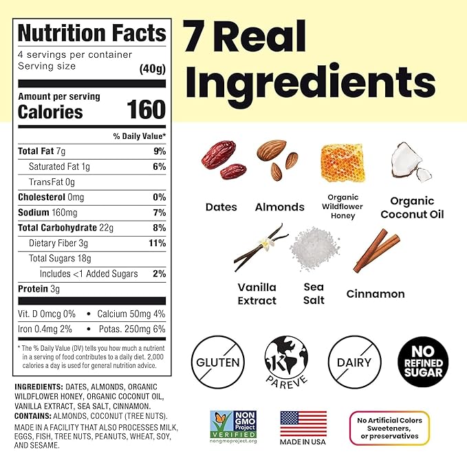 Bahamii Snack Bars, Made with Dates & Nuts, Healthy Snacks, Gluten Free, Good Source of Fiber, Only 7 Ingredients, For Kids & Adults, No Artificial Sweeteners, Dairy Free, 4 Pack, Honey Cinnamon
