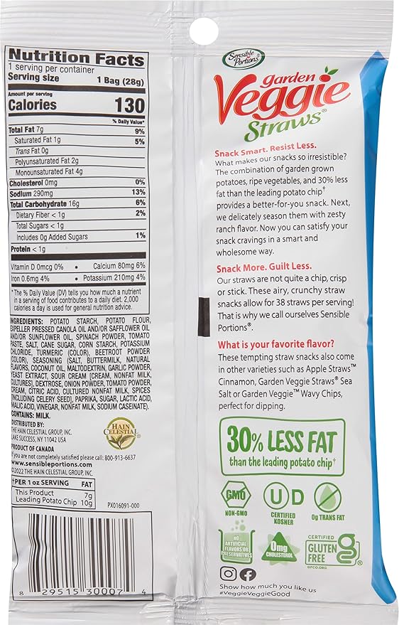 Sensible Portions Veggie Straws - Garden Snacks Variety Pack, Sea Salt, Ranch, Cheddar, Apple Cinnamon, Gluten Free Bulk Snacks, 1 Oz (Pack of 24)