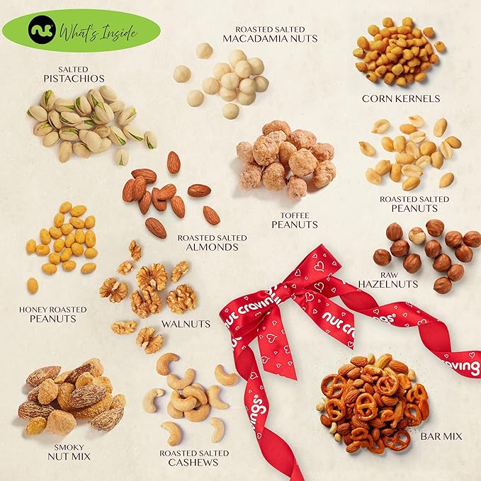 NUT CRAVINGS - Valentines Day Mixed Nuts Gift Basket in Reusable Wooden Tray + Heart Ribbon (12 Assortments) Treats for Adults, Food Arrangement, Healthy Snack Care Package, Kosher