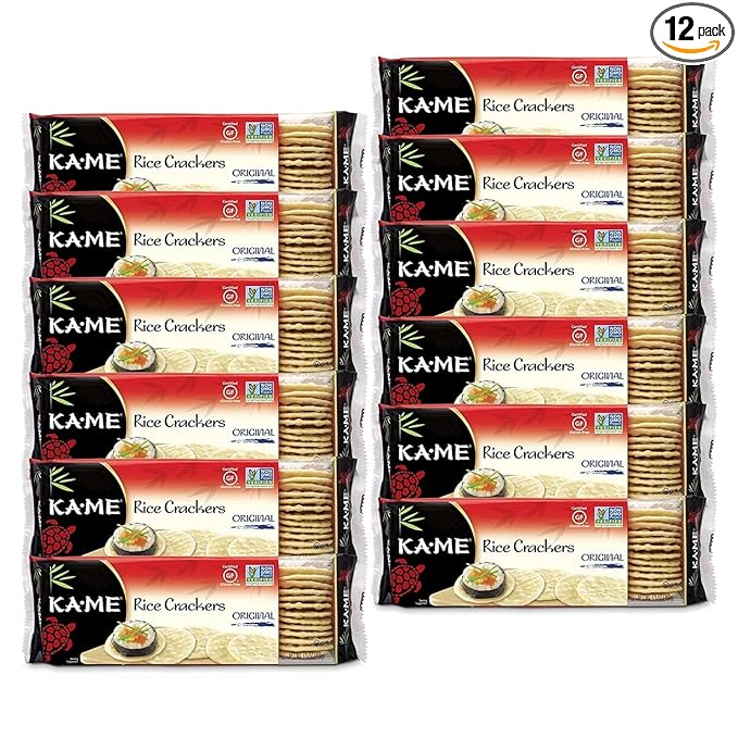KA-ME Gluten-Free Original Rice Crunch Crackers 3.5 oz (Pack of 12), Authentic Asian Ingredients and Flavors, Certified Gluten Free Crackers, No Artificial Flavors/Colors, Non GMO Snacks, Served with Asian Salmon, Cream Cheese, Egg & Tuna Salad, Asian ...