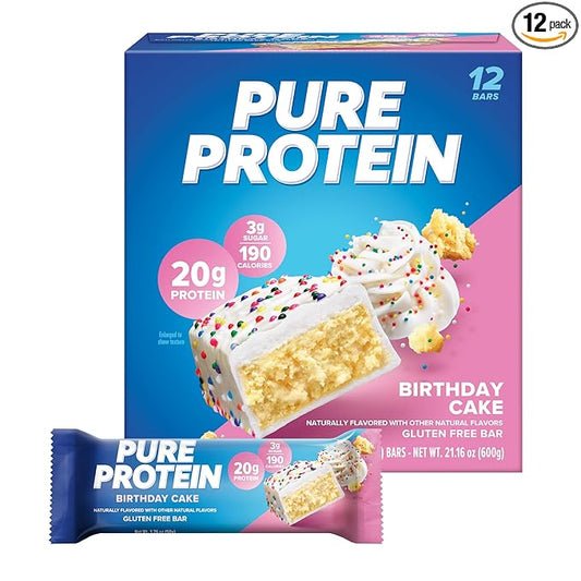 Pure Protein Birthday Cake Protein Bars – 20g Protein, 3g Sugar, 190 Calories (12 count) Low Sugar* High Protein Snack - Gluten Free - Perfect for a Healthy Snack