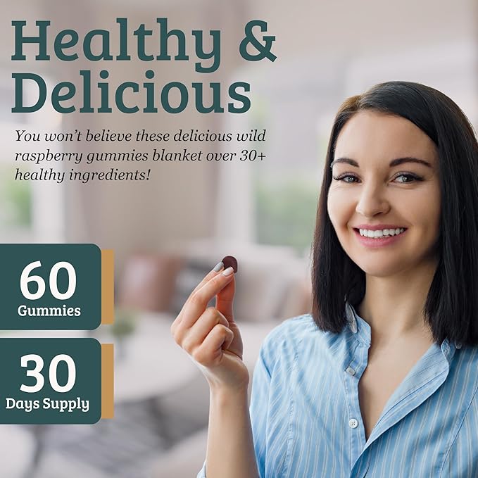 SUNMED Supergreens Daily Gummies – Wellness Blend with Ashwagandha, Green Tea, Spirulina, Probiotics, Antioxidants & Detox Support for Immunity, Gut, Skin & Brain Health | Wild Raspberry, 60ct