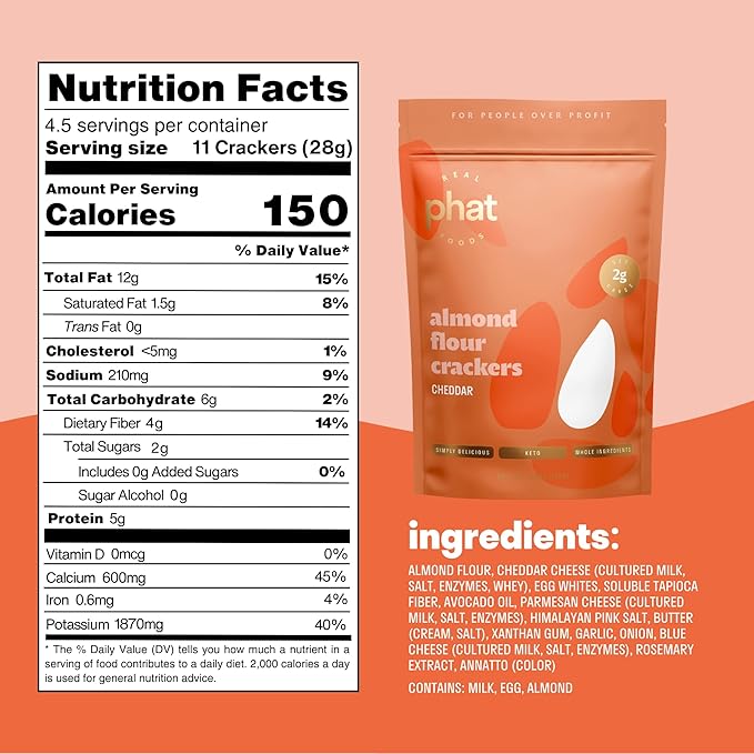 Cheddar Almond Flour Crackers by Real Phat Foods - Low Carb, Gluten-Free Keto Snack - Pack of 3 (Cheddar)