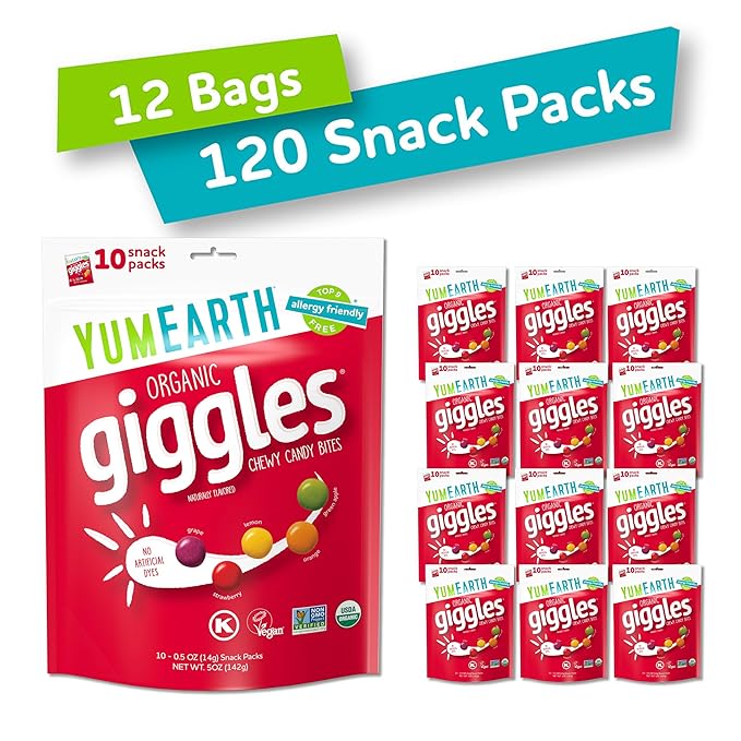 YumEarth Organic Giggles Chewy Candy – Allergy Friendly, No Artificial Dyes, Non GMO, Gluten Free, Fruit Flavored, Vegan Candy Snacks 0.5 oz (Pack of 120)