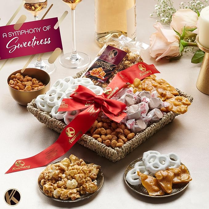 KREMERY Creamy Chocolate Cravings - Valentines Day Chocolate Covered Pretzels & Caramel Popcorn Gift Basket, in Seagrass Tray + Ribbon (Classic, 1.5 lbs) Sweet Treats Food Arrangement, Kosher