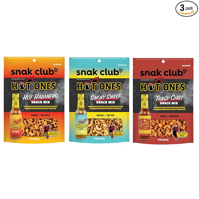Snak Club x Hot Ones Snack Mix, Hot Habanero, Sweet Smoky, and Tangy Chili, Spicy Snacks with Peanuts, Pretzels, Sesame Sticks, Toasted Corn, Cashews, Vegan Snack, 10 oz Resealable Bags, 3 Pack