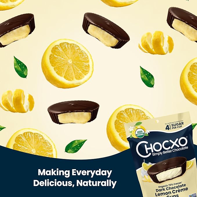 Chocxo Dark Chocolate Lemon Crème Cups - Lower Sugar, Organic 72% Cacao, NonGMO, Keto, Gluten Free, Kosher, No Artificial Sweeteners/Sugar Alcohols, 3.45 oz (Pack of 6)