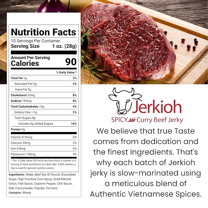 Jerkioh Spicy Curry Premium Beef Jerky – Authentic Vietnamese Street Food Flavor with Chili Heat | Gourmet Tender & Savory Strips | High-Protein, Low-Fat Snack | Portable On-the-Go Pack, 10 oz