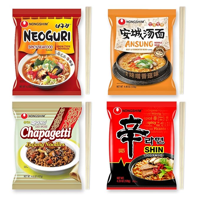 Journey of Asia "4 Nongshim Ramen Combo" Ansungtangmyun, Neoguri Udon, Chapagetti, Shin Ramen | Gift for College Students and Adults | Korean Noodle Challenge