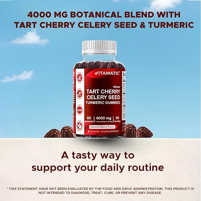 Vitamatic Tart Cherry with Celery Seed Gummies – 4000mg Equivalent Per Serving (from 10:1 Extract, 400mg) - 2-Pack