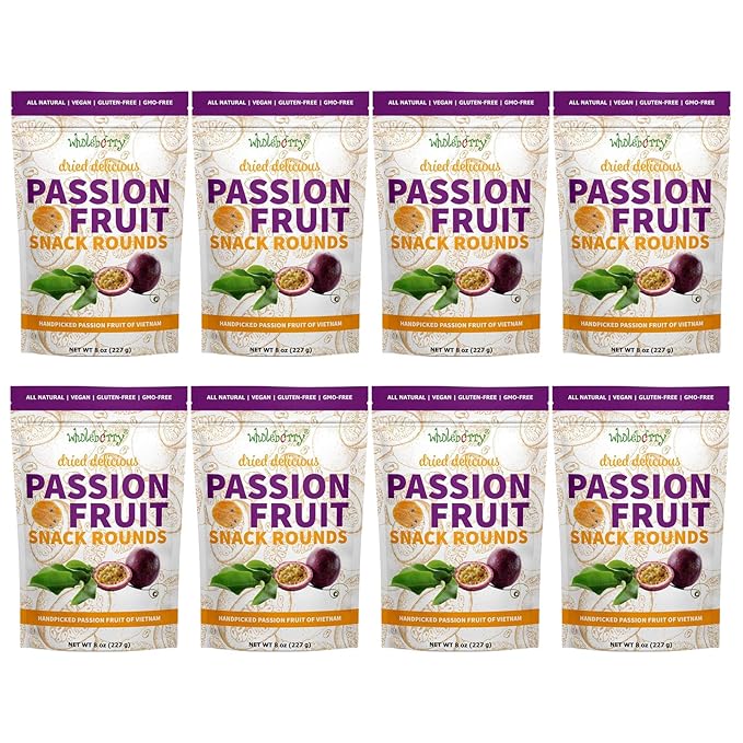 Wholeberry Naturally Delicious Dried Passion Fruit Rounds 8 oz x 8 Bags Maracuja Fruit Snacks Passion Fruit Pulp Sour & Sweet Less Seed, 64 oz