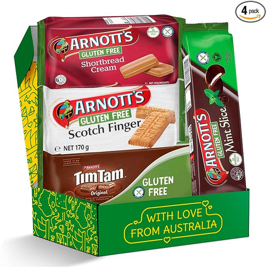 Gluten Free Snack Box & Gift Basket – Biscuit Variety Pack for Adults – 4-Pack Australian Favorites: Scotch Finger, Mint Slice & Shortbread Creams – Celiac Friendly Care Package