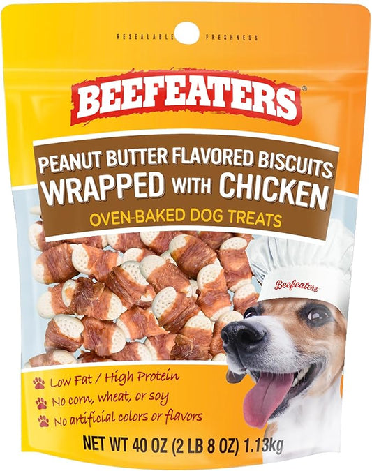 Beefeaters Peanut Butter Biscuits Wrapped with Chicken, 40oz – Dog Treat. Oven-Baked with Real Chicken, No Artificial Ingredients, Dental Benefits, Ideal for Training & All Dog Sizes
