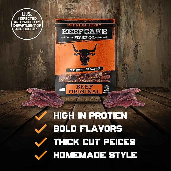 BEEFCAKE Jerky Pork Lover Variety Pack, Beef Jerky Signature Beef Peppered & Asian-Style Pork Teriyaki Mix, 9 Gram of Protein and 100 Calories 2.7 Oz | Pack of 2