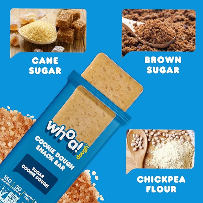 Whoa Dough Edible Cookie Dough Bars- Certified Non-GMO, Kosher and Gluten Free Bars - Healthy Snack Foods - Plant Based Snacks Made With Real Ingredients - Sugar Cookie Dough - 4 Pack