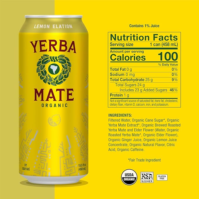 Yerba Madre Organic Yerba Mate, Energy Drink Alternative, Lemon Elation, 150mg Natural Plant Based Caffeine, Better for You Energy & Focus, No Jitters or Crash, 15.5 Oz (Pack of 12) (Packaging May Vary)