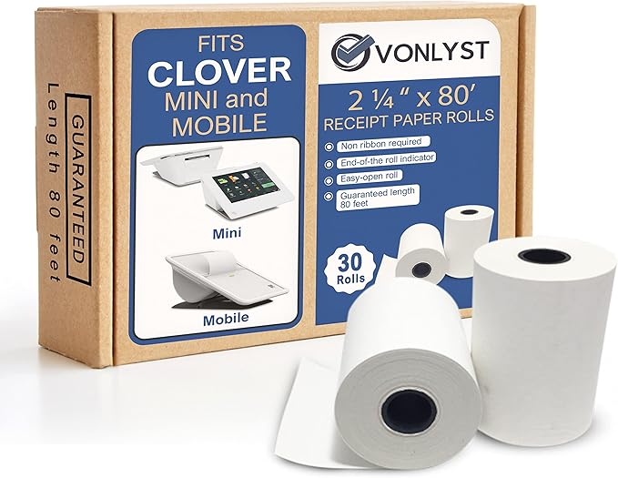 Vonlyst Receipt Paper for Clover Mini and Clover Mobile Thermal Printer 2 1/4 x 80 (30 rolls)