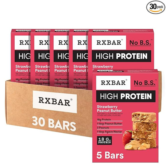 RXBAR High Protein Bars, Gluten Free, Protein Snacks, Strawberry Peanut Butter (6 Boxes, 30 Bars)