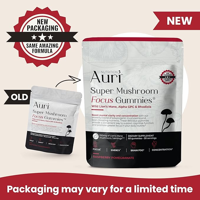 Auri Super Mushroom Focus Gummies - w/Lion's Mane, Alpha GPC & Rhodiola - Mushrooom Supplement to Support Cognitive Function, Mental Clarity, Focus & Energy | 60 Gummies, Vegan Friendly, Non GMOs