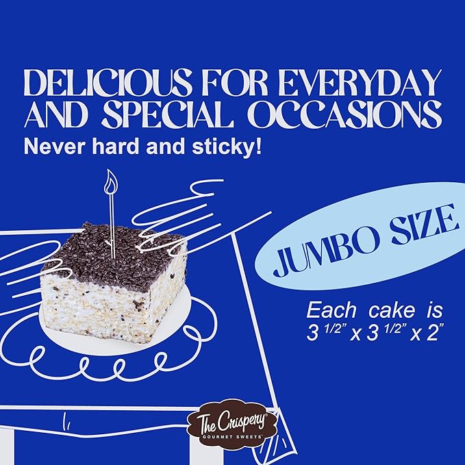 The Crispery Crispycakes – Jumbo Size Pack of 12 Individually Wrapped Assorted Flavor Gourmet Marshmallow Rice Crispycakes, always soft and gooey, packed with fresh ingredients. Made in the USA.