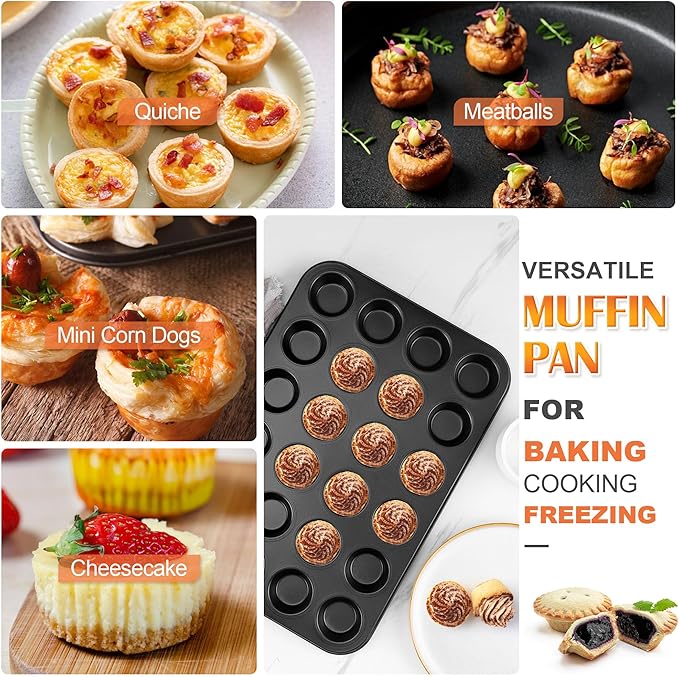 E-far 24-Cup Mini Muffin Pan - 3 Pack Nonstick Carbon Steel Cupcake Tin Tray for Little Bites & Freezer Prep | Warp-Free Bakeware Ensures Even Baking & Effortless Release, Regular Size & Oven Safe