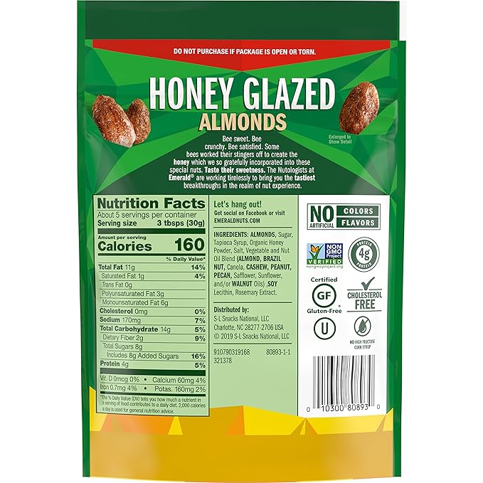 Emerald Nuts Honey Glazed Almonds (1-Pack), 5.5oz Resealable Bag, Kosher Dairy Certified, Non-GMO, Contains No Artificial Preservatives, Flavors or Synthetic Colors