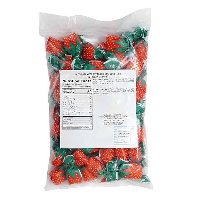 Strawberry Bon Bons Hard Candy, 1 Pound (Approx. 75 pcs.), Arcor Strawberry Candy Individually Wrapped, Strawberry Candy, The Hampton Popcorn & Candy Company