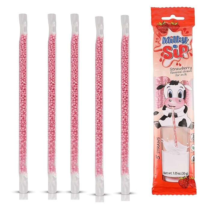 20 Milky Sip Strawberry Flavored Straws For Milk - 4 Packs of Milk Flavoring Straws, 5 Straws in Each. Magical Strawberry Flavor Makes Children Eager, Want and Love to Drink Milk