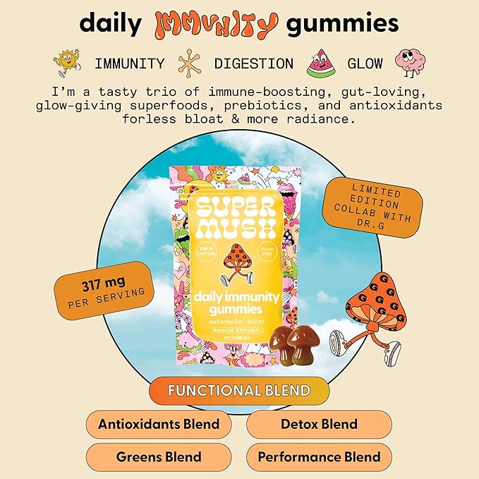 SuperMush Dr. G Daily Greens Gummies - Lion’s Mane, Spirulina, Chlorella, Ashwagandha, Prebiotics & Vitamins C, D, Zinc - Sugar Free Greens Gummies for Immunity, Gut Health & Radiance - Vegan 60 Ct