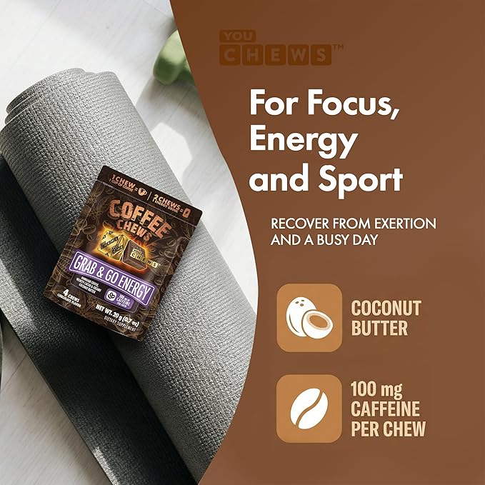 YouChews Coffee Chews - Grab & Go Energy with 100mg per Chew of Clean, Green Caffeine. With Real Organic Ingredients, Low Sugar, Great Bold Taste & Long Lasting Energy Boost (4 Counts)
